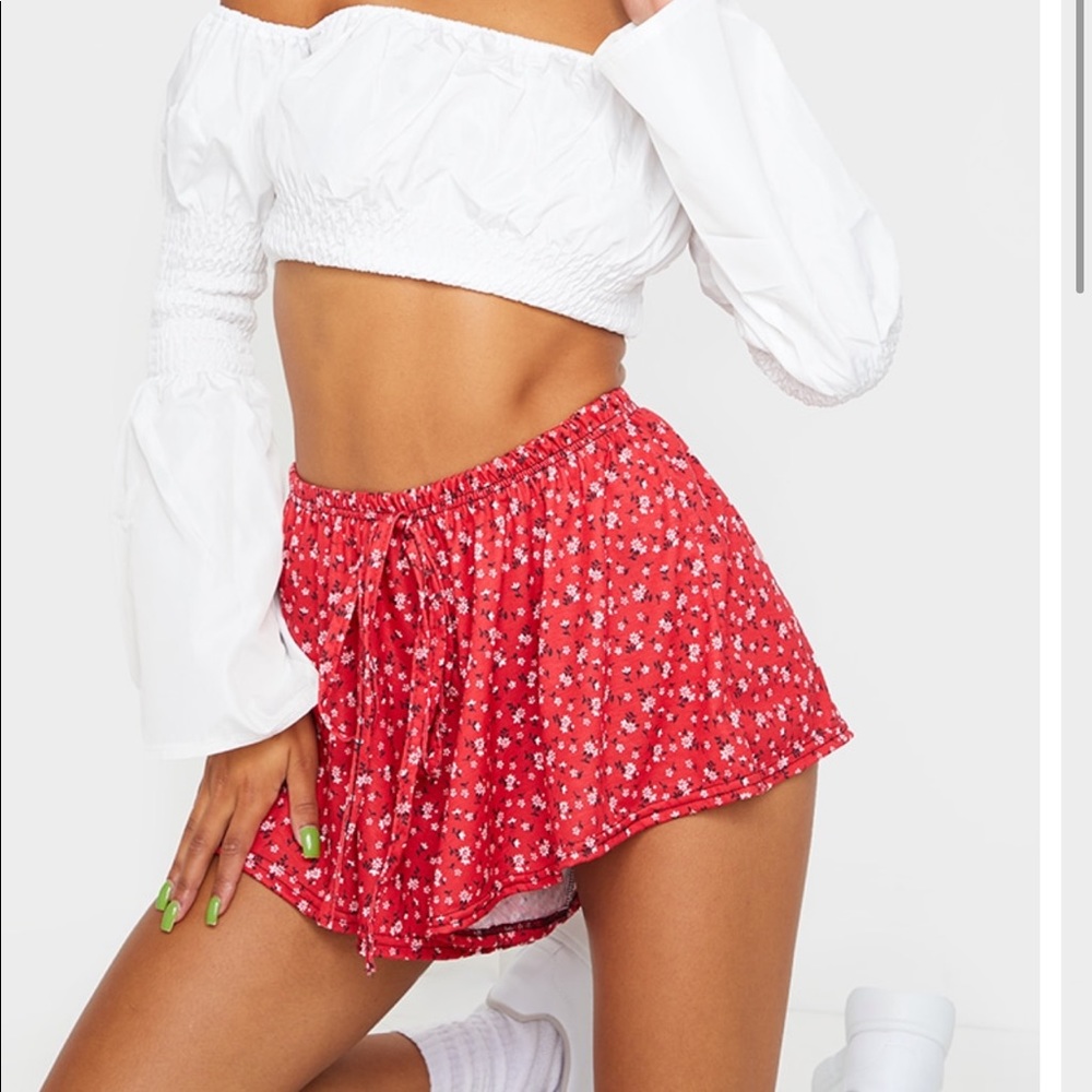 Red Floral Print Floaty Shorts